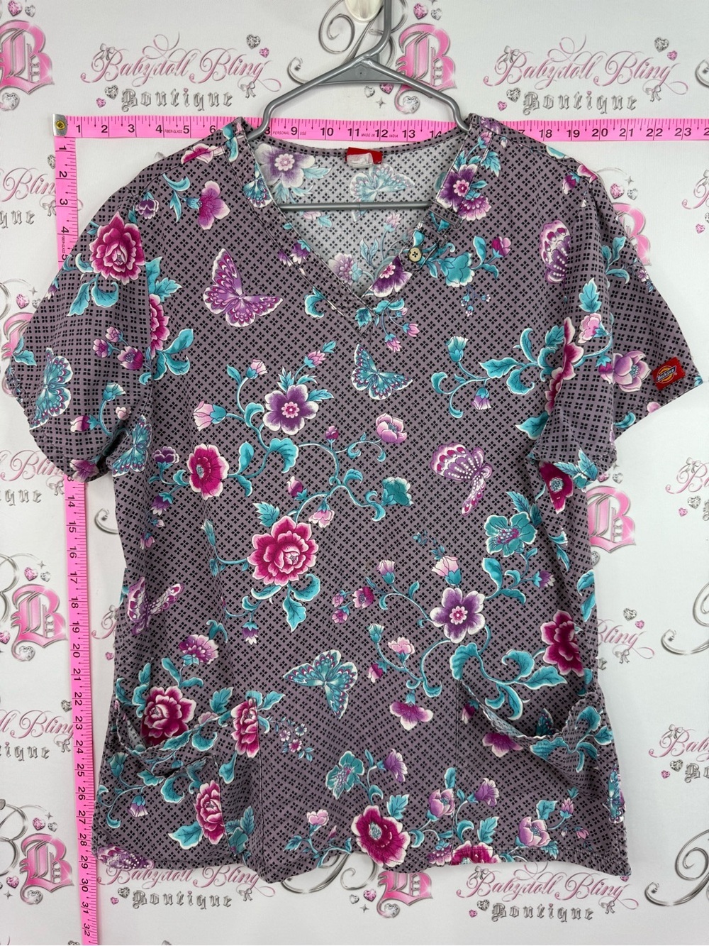 Dickies scrub top Purple Floral Scrub Top with Teal butterfly Accents